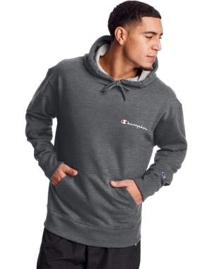 Champion Powerblend Fleece Script Logo Erkek Kapüşonlu Sweatshirt Koyu Gri | VE3256410
