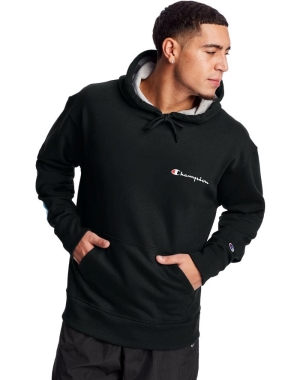 Champion Powerblend Fleece Script Logo Erkek Kapüşonlu Sweatshirt Siyah | XA4297350
