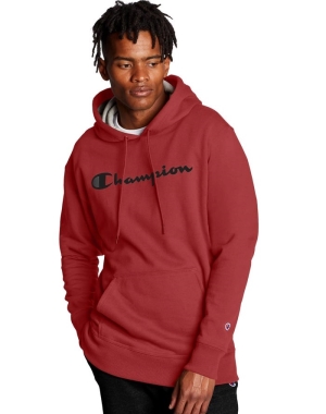 Champion Powerblend Script Logo Erkek Kapüşonlu Sweatshirt Kırmızı | CB9301462