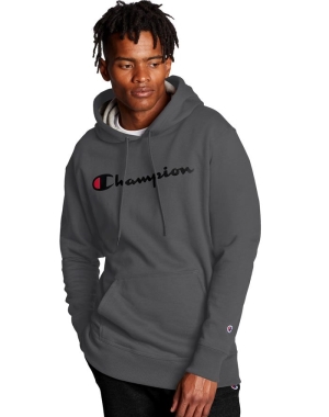 Champion Powerblend Script Logo Erkek Kapüşonlu Sweatshirt Koyu Gri | DE1825603