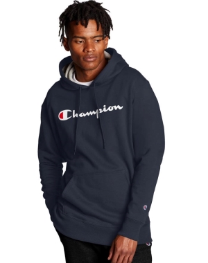 Champion Powerblend Script Logo Erkek Kapüşonlu Sweatshirt Lacivert | HY7650328
