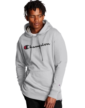 Champion Powerblend Script Logo Erkek Kapüşonlu Sweatshirt Gri | NS0971863