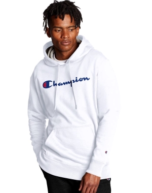 Champion Powerblend Script Logo Erkek Kapüşonlu Sweatshirt Beyaz | ZH6283504