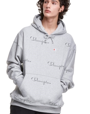 Champion Reverse Weave All Over Print Erkek Kapüşonlu Sweatshirt Gri | CZ6278509
