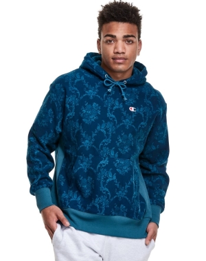 Champion Reverse Weave All Over Print Erkek Kapüşonlu Sweatshirt Mavi | EN1325684