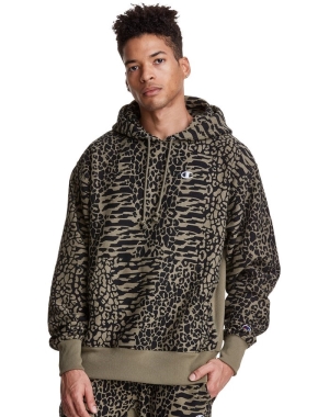 Champion Reverse Weave All Over Print Erkek Kapüşonlu Sweatshirt Zeytin Yeşili | MS2806457