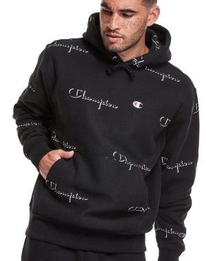 Champion Reverse Weave All Over Print Erkek Kapüşonlu Sweatshirt Siyah | VO2943806