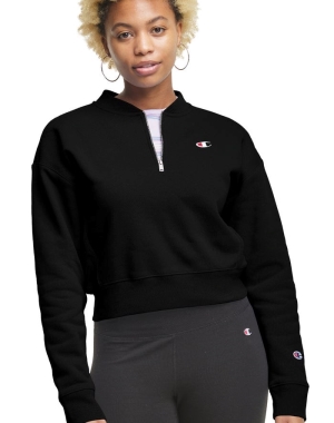 Champion Reverse Weave Cropped 1/4 Zip Kadın Tişört Siyah | MH5312970