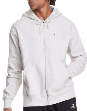 Champion Reverse Weave Full Zip C Logo Erkek Kapüşonlu Sweatshirt Beyaz | HL1426537