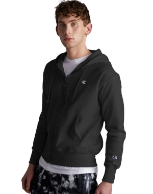 Champion Reverse Weave Full Zip C Logo Erkek Kapüşonlu Sweatshirt Siyah | NA8715623