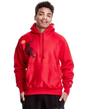 Champion Reverse Weave Sprawling Tiger Erkek Kapüşonlu Sweatshirt Kırmızı | TH1403879