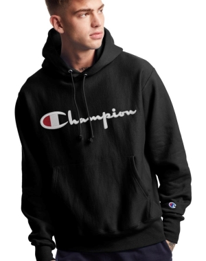 Champion Reverse Weave Vintage Script Logo Erkek Kapüşonlu Sweatshirt Siyah | KQ0197436
