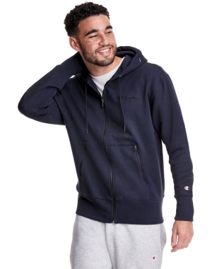 Champion Tech Weave Full Zip Script Logo Erkek Kapüşonlu Sweatshirt Lacivert | ID4026937
