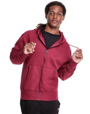 Champion Tech Weave Full Zip Script Logo Erkek Kapüşonlu Sweatshirt Kırmızı | TP1356809