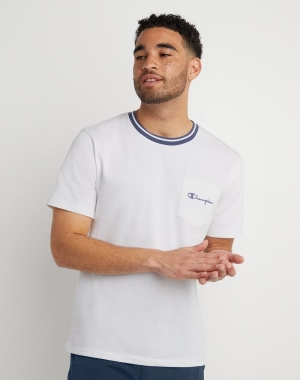 Champion Tipped Collar Pocket Embroidered Script Logo Erkek Tişört Beyaz | VS7154960