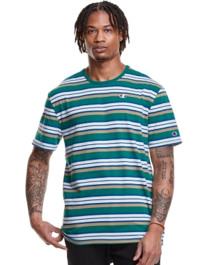 Champion Yarn-Dye Stripe C Logo Erkek Tişört Yeşil Beyaz | BV8639521
