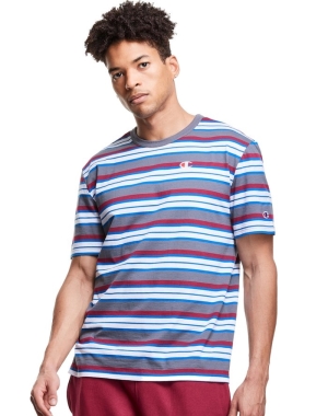 Champion Yarn-Dye Stripe C Logo Erkek Tişört Gri Beyaz Kırmızı | CI2750836