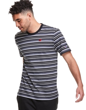 Champion Yarn-Dye Stripe C Logo Erkek Tişört Siyah Gri | QF9470261