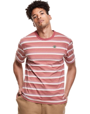Champion Yarn-Dye Stripe C Logo Erkek Tişört Mercan Beyaz | ZR3719240